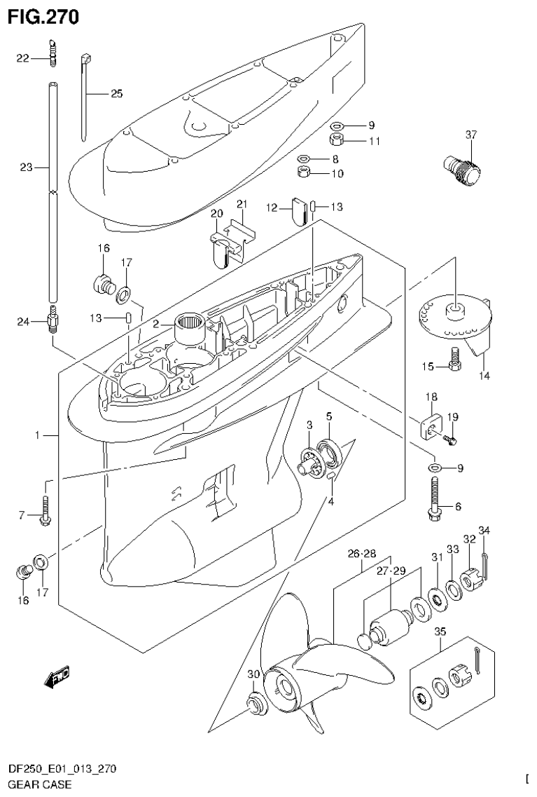 Suzuki DF200T, DF200Z, DF225T, DF225Z, DF250T, DF250Z GEAR CASE (DF225Z E40) parts diagram